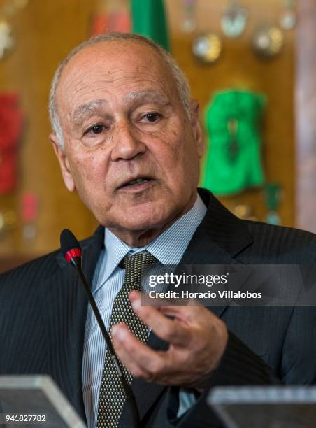 Secretary General of the League of Arab States Ahmed Aboul Gheit delivers remarks on Gaza crisis during a joint press conference with Portuguese...