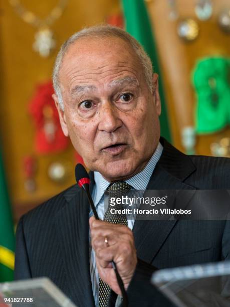 Secretary General of the League of Arab States Ahmed Aboul Gheit delivers remarks on Gaza crisis during a joint press conference with Portuguese...