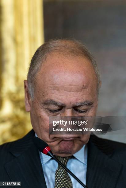 Secretary General of the League of Arab States Ahmed Aboul Gheit listens to the opening remarks of Portuguese Foreign Minister Augusto Santos Silva...