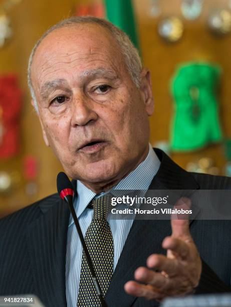 Secretary General of the League of Arab States Ahmed Aboul Gheit delivers remarks on Gaza crisis during a joint press conference with Portuguese...
