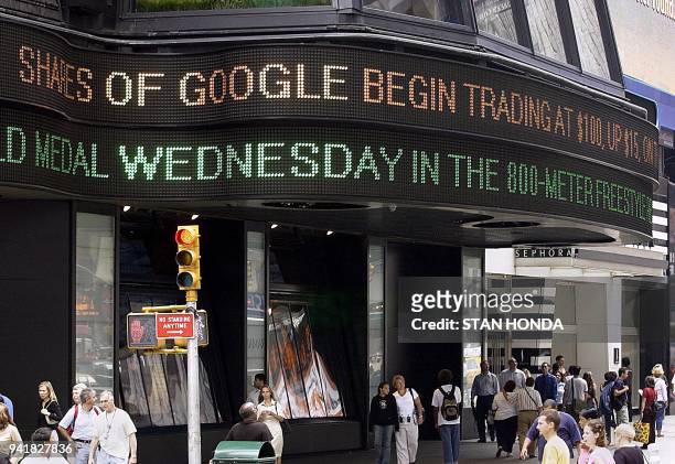 Internet-stocks-IT-company-Google In this 19 August 2004 file photo, outside the ABC News studios, a news zipper flashes a report on Google stock...
