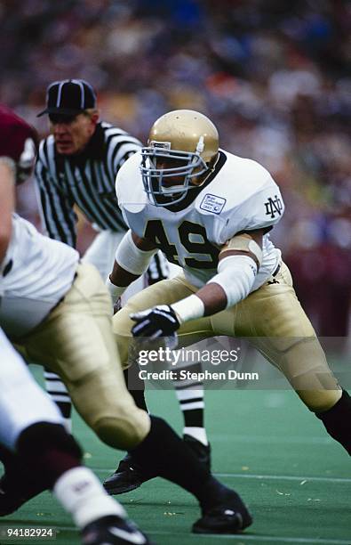 Anthony Peterson of the Notre Dame Fighting Irish pursues the play during the Cotton Bowl game against the Texas A&M Aggies at the Cotton Bowl on...