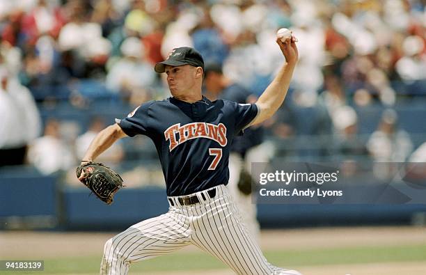 Mark Kotsay of the Cal State Fullerton Titans pitches during the game against the USC Trojans in the 1995 College World Series at Rosenblatt Stadium...