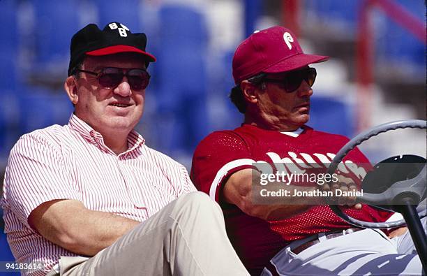 Commissioner Fay Vincent and Philadelphia Phillies manager Jim Fregosi look on before a Spring Training game in March 1992 in Florida.