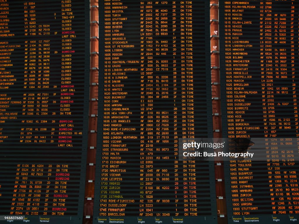 Arrivals and Departures Timetable inside the Charles de Gaulle airport in Paris