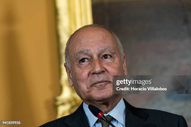 Secretary General of the League of Arab States Ahmed Aboul Gheit listens to the opening remarks of Portuguese Foreign Minister Augusto Santos Silva...