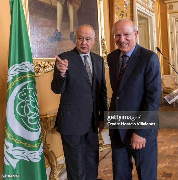 Secretary General of the League of Arab States Ahmed Aboul Gheit and Portuguese Foreign Minister Augusto Santos Silva leave at the end of a joint...