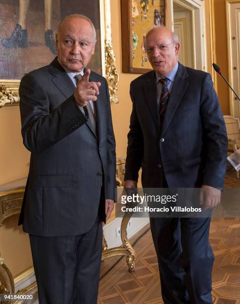 Secretary General of the League of Arab States Ahmed Aboul Gheit and Portuguese Foreign Minister Augusto Santos Silva leave at the end of a joint...
