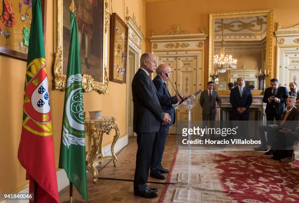 Secretary General of the League of Arab States Ahmed Aboul Gheit listens to Portuguese Foreign Minister Augusto Santos Silva words on an arson...