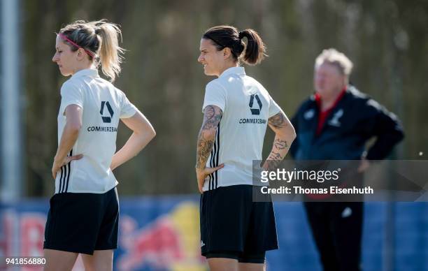 Dzsenifer Marozsan of Germany looks on during the Germany women's training session at Red Bull Akademie on April 4, 2018 in Leipzig, Germany.