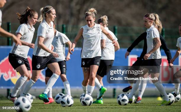 Anna Blaesse of Germany plays the ball during the Germany women's training session at Red Bull Akademie on April 4, 2018 in Leipzig, Germany.