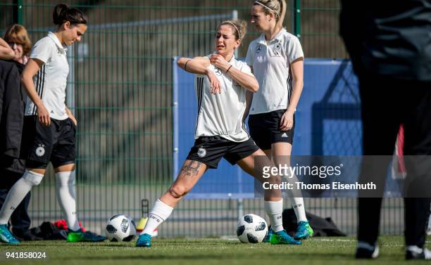 Anna Blaesse of Germany reacts during the Germany women's training session at Red Bull Akademie on April 4, 2018 in Leipzig, Germany.