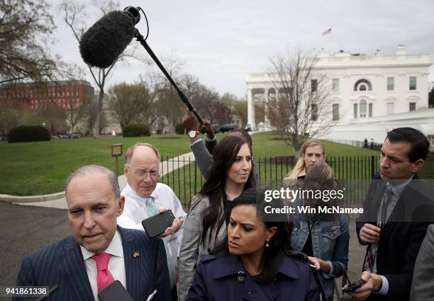 Larry Kudlow , Director of the National Economic Council, speaks to reporters outside the White House April 4, 2018 in Washington, DC. Kudlow...