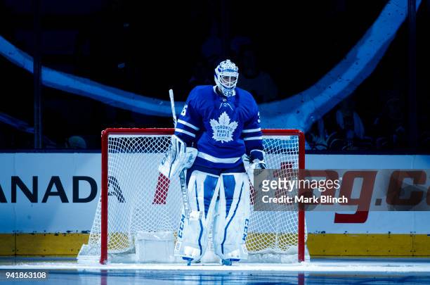 Curtis McElhinney of the Toronto Maple Leafs stands in net during player introductions before playing the Buffalo Sabres at the Air Canada Centre on...