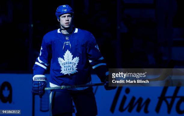 Matt Martin of the Toronto Maple Leafs skates during player introductions before playing the Buffalo Sabres at the Air Canada Centre on April 2, 2018...