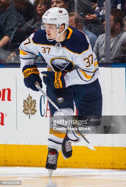 Casey Mittelstadt of the Buffalo Sabres skates against the Toronto Maple Leafs during the second period at the Air Canada Centre on April 2, 2018 in...