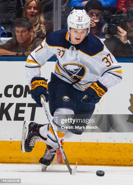 Casey Mittelstadt of the Buffalo Sabres skates against the Toronto Maple Leafs during the second period at the Air Canada Centre on April 2, 2018 in...