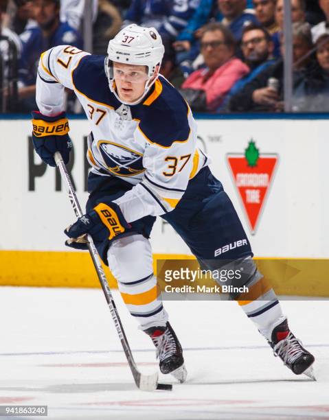 Casey Mittelstadt of the Buffalo Sabres skates against the Toronto Maple Leafs during the second period at the Air Canada Centre on April 2, 2018 in...