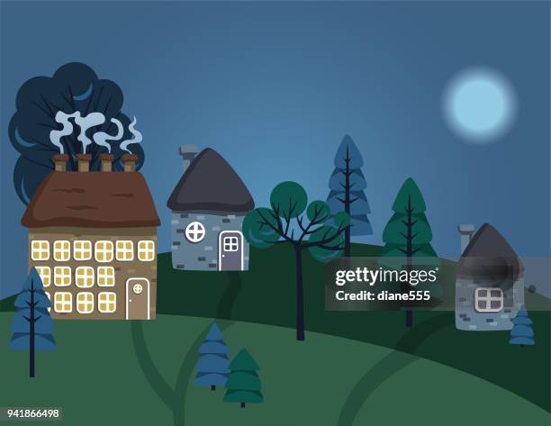 cute houses on hills at night - brick path stock illustrations