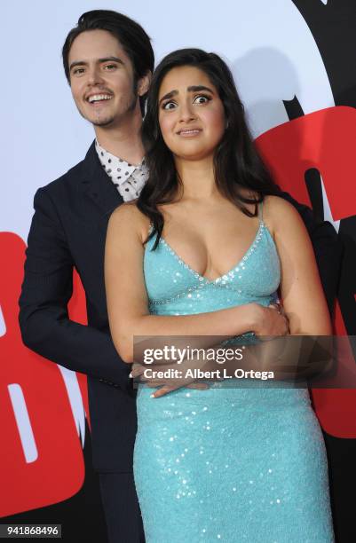 Actor Miles Robbins and actress Geraldine Viswanathan arrive for the Premiere Of Universal Pictures' "Blockers" held at Regency Village Theatre on...