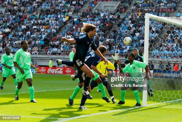 Gabriel Batistuta of Argentina score a goal during the World Cup match between Argentina and Nigeria on 2nd June 2002 at Kashima Soccer Stadium,...