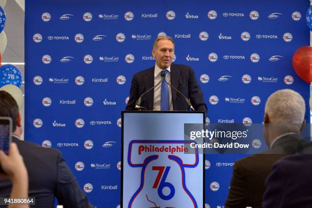 Bryan Colangelo talks to the media during the announment of the unveiling of the Doctor J sculpture on April 3, 2018 at the Legends Walk at the...