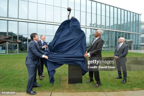 The unveiling of the Doctor J sculpture on April 3, 2018 at the Legends Walk at the practice facility in Camden, New Jersey. NOTE TO USER: User...