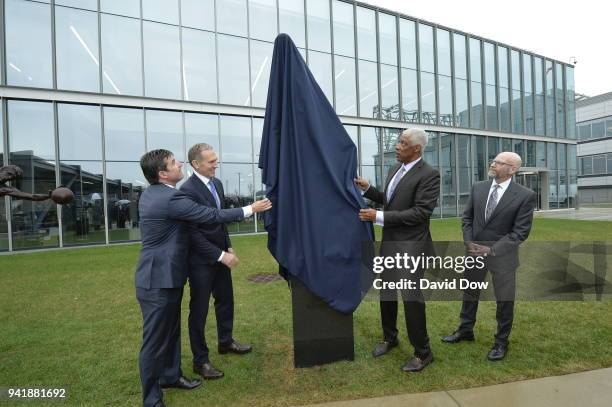 The unveiling of the Doctor J sculpture on April 3, 2018 at the Legends Walk at the practice facility in Camden, New Jersey. NOTE TO USER: User...