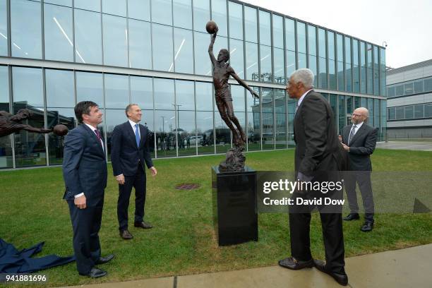 The unveiling of the Doctor J sculpture on April 3, 2018 at the Legends Walk at the practice facility in Camden, New Jersey. NOTE TO USER: User...