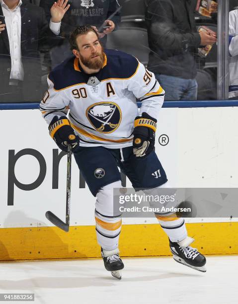 Ryan O'Reilly of the Buffalo Sabres skates during the warm-up prior to action against the Toronto Maple Leafs in an NHL game at the Air Canada Centre...