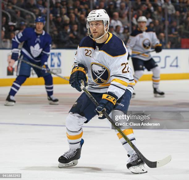 Johan Larsson of the Buffalo Sabres skates against the Toronto Maple Leafs during an NHL game at the Air Canada Centre on April 2, 2018 in Toronto,...