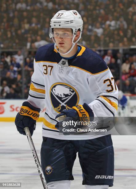 Casey Mittelstadt of the Buffalo Sabres skates against the Toronto Maple Leafs during an NHL game at the Air Canada Centre on April 2, 2018 in...