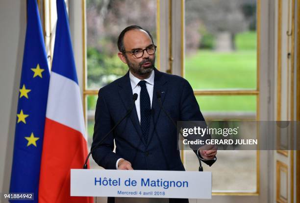 French Prime Minister Edouard Philippe delivers a speech to outline the reform of institutions at the Hotel Matignon in Paris on April 4, 2018.