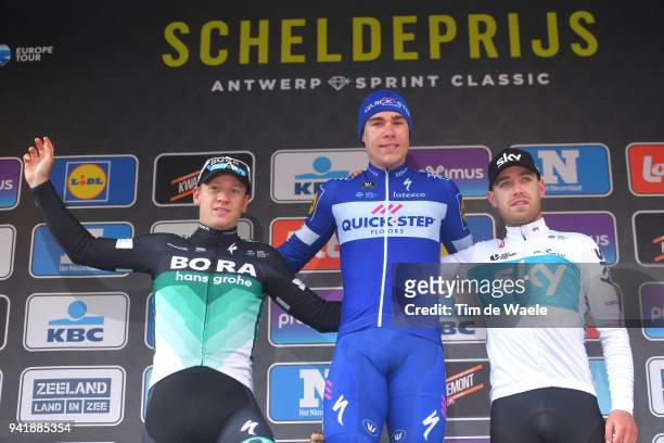 Podium / Pascal Ackermann of Germany and Team Bora - Hansgrohe / Fabio Jakobsen of The Netherlands and Team Quick-Step Floors / Christopher Lawless...