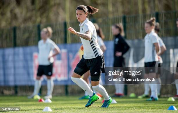 Dzsenifer Marozsan of Germany in action during the Germany women's training session at Red Bull Akademie on April 4, 2018 in Leipzig, Germany.