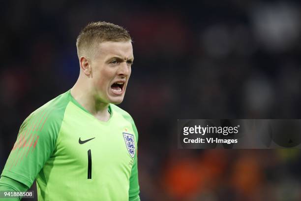 Goalkeeper Jorden Pickford of England during the International friendly match match between The Netherlands and England at the Amsterdam Arena on...