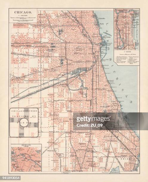 stockillustraties, clipart, cartoons en iconen met plattegrond van de stad van chicago, illinois, usa, lithografie, gepubliceerd in 1897 - chicago map