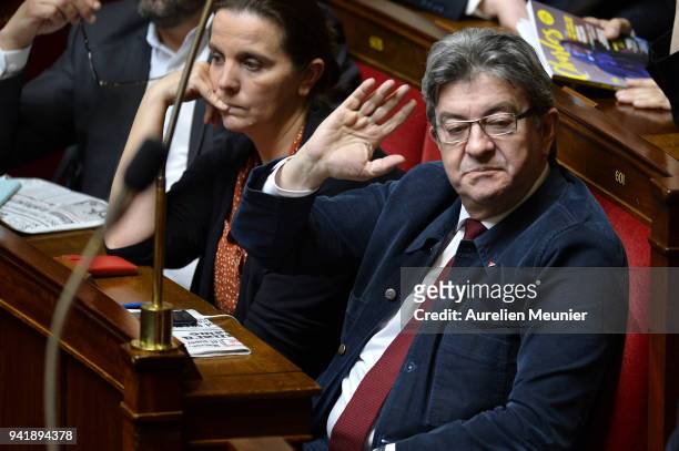 Leader of 'La France Insoumise' Jean Luc Melenchon reacts as Ministers answer deputies during the weekly session of questions to the government at...