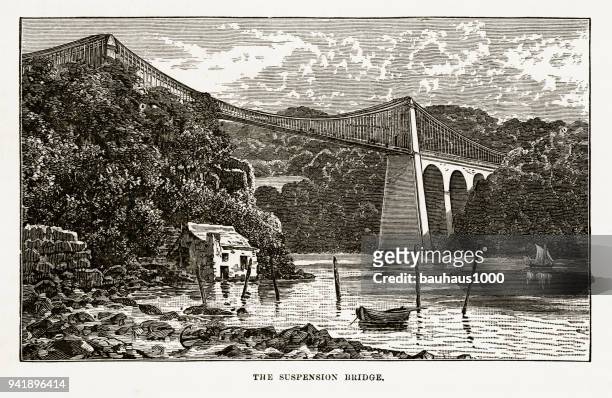 アングルシー、メナイ橋ウェールズ ビクトリア朝の彫刻、1840 - menai suspension bridge点のイラスト素材／クリップアート素材／マンガ素材／アイコン素材