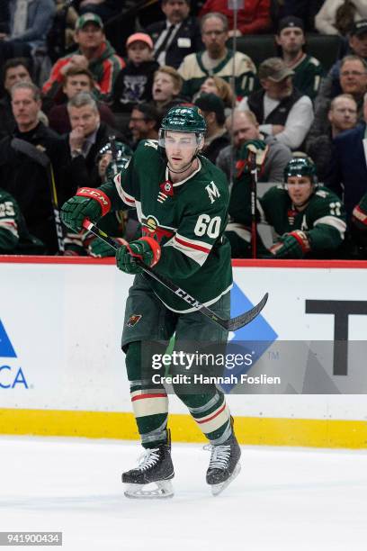 Carson Soucy of the Minnesota Wild skates on the ice in his debut during the game against the Edmonton Oilers on April 2, 2018 at Xcel Energy Center...