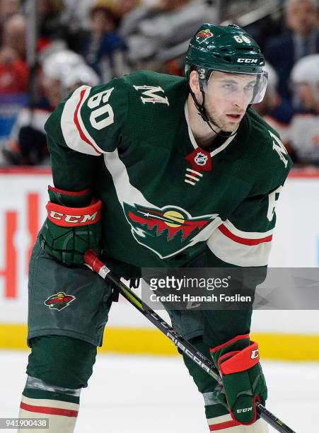 Carson Soucy of the Minnesota Wild looks on before a face-off in his debut against the Edmonton Oilers during the game on April 2, 2018 at Xcel...