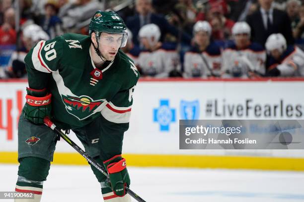 Carson Soucy of the Minnesota Wild looks on before a face-off in his debut against the Edmonton Oilers during the game on April 2, 2018 at Xcel...