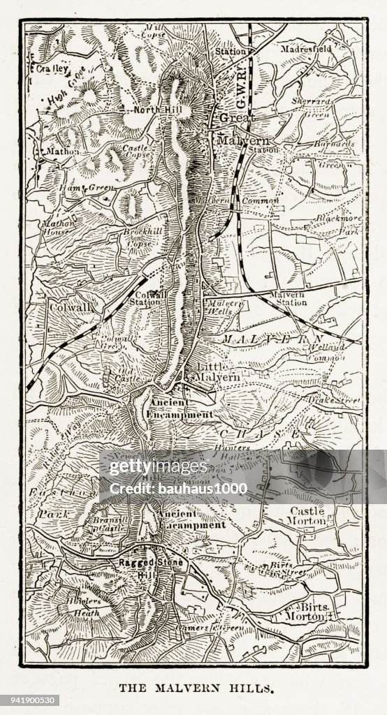 Map of Malvern Hills in Worcestershire, England Victorian Engraving, 1840
