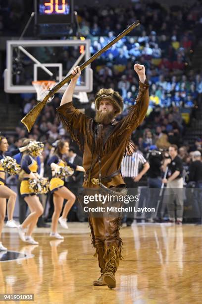 The West Virginia Mountaineers mascot on the floor during the 2018 NCAA Men's Basketball Tournament East Regional against the Villanova Wildcats at...
