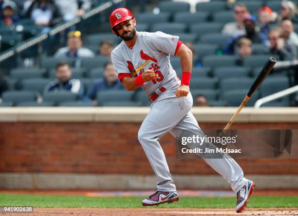 Matt Carpenter of the St. Louis Cardinals in action against the New York Mets at Citi Field on April 1, 2018 in the Flushing neighborhood of the...