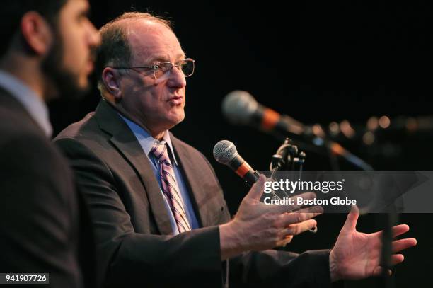 Congressman Michael Capuano speaks at a congressional forum in the Greene Theater at Emerson College in Boston on April 2, 2018.