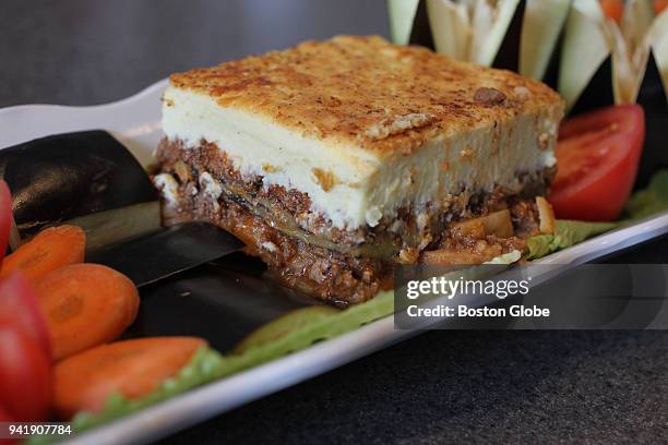 Moussaka is pictured at Grape Leaf Mediterranean Grill in the Newton Highlands section of Newton, MA on March 28, 2018.