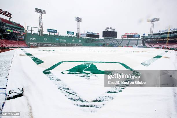 The infield tarp covers the field at Fenway Park during a morning snowfall on April 2 three days before the Boston Red Sox home opener.