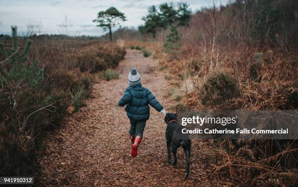 boy running away - boy running with dog stock-fotos und bilder