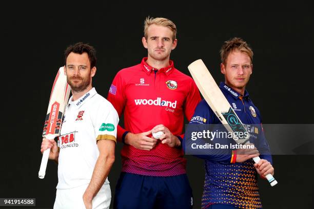 James Foster, Paul Walter and Tom Westley of Essex County Cricket Club pose in the Championship, One-Day and Twenty20 kits during the Essex CCC...